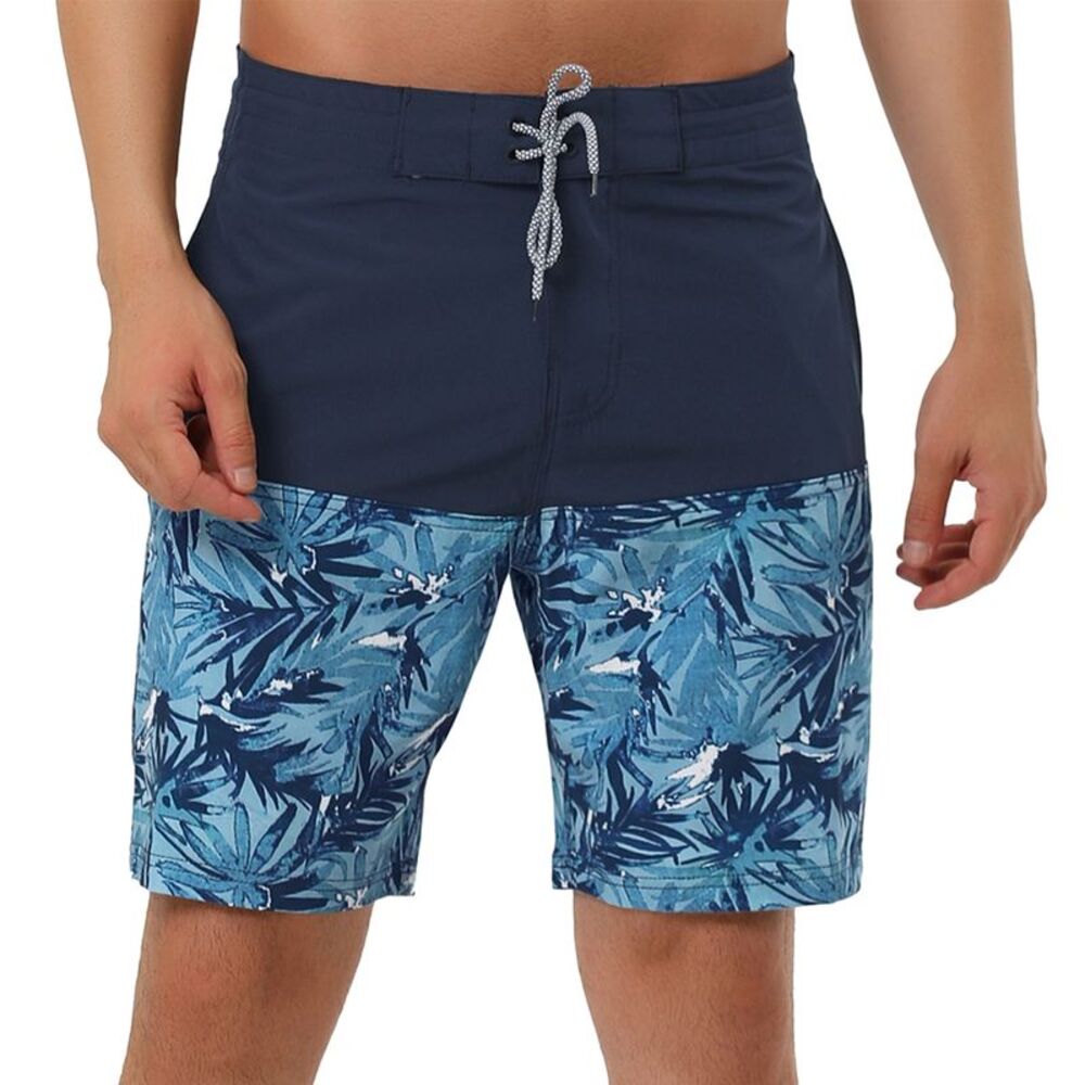 Summer Color Block Shorts Drawstring Stripe Swim Beach Board Shorts Navy Leaf